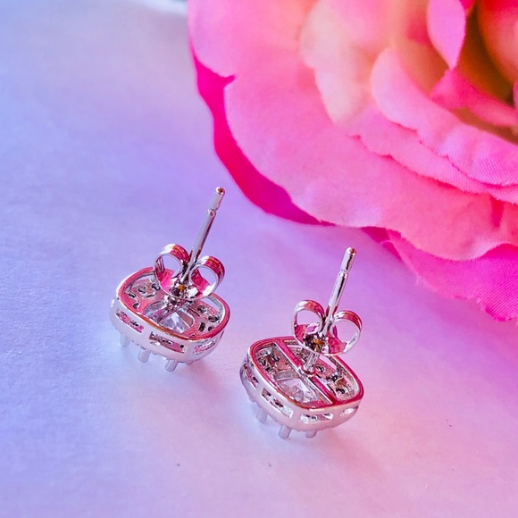 White Sapphire Silver Plated Stud Earrings - Picture 2 of 3